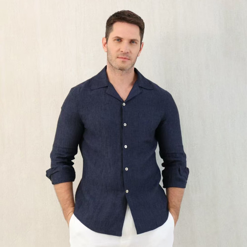 NIGO Brunello Cucinelli Men's Linen Easy Fit Shirt with Camp Collar and Chest Pocket Spring And Autumn Solid Color Long Sleeve Top Ngvp #nigo1455