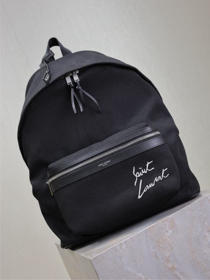 NIGO CITY Saint Laurent Embroidered Letter Fabric Leather Panel Backpack Schoolbag Bag Bags #nigo76462