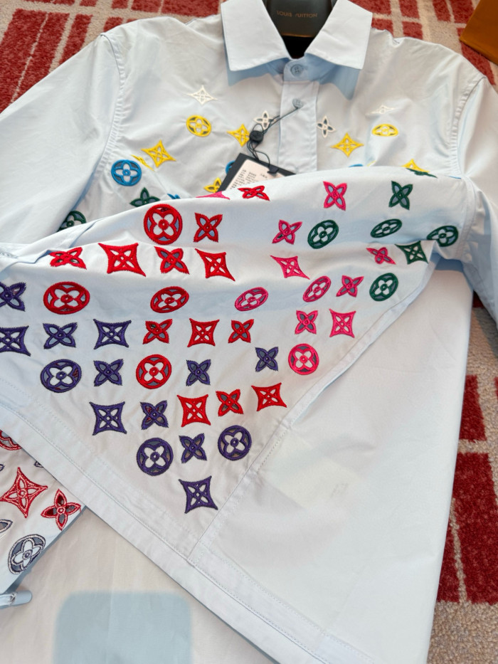 NIGO Louis Vuitton Men's and Women's Embroidered Logo Printed Single Breasted Solid Color Short Sleeve Shirt #nigo76469