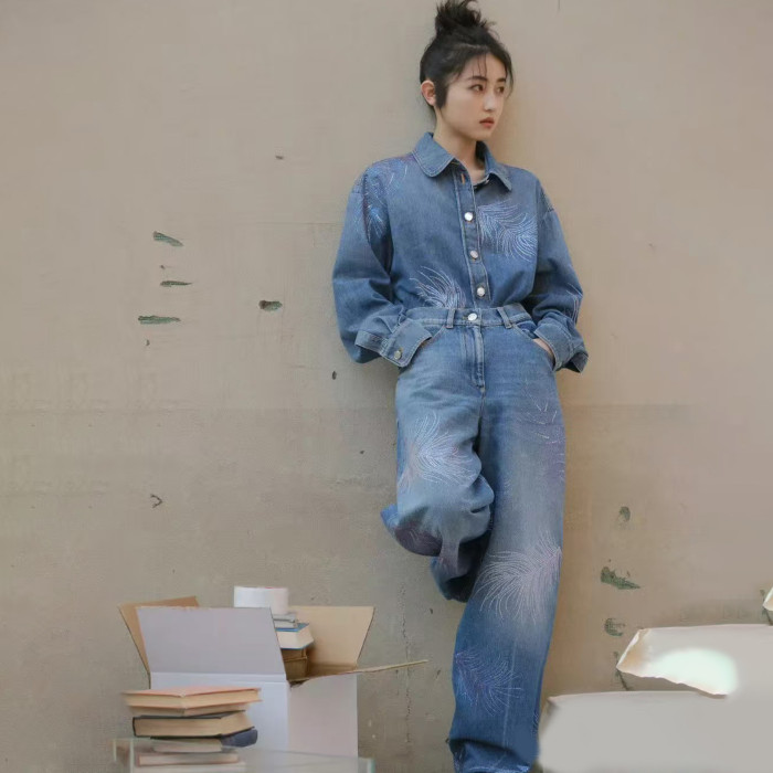 NIGO Chanel Embroidered Denim Shirt Feather Hot Diamonds Suit Set Spring Summer Gradient Colour Straight Leg Pants Loose High Waist Denim Trousers Ngvp #nigo1486