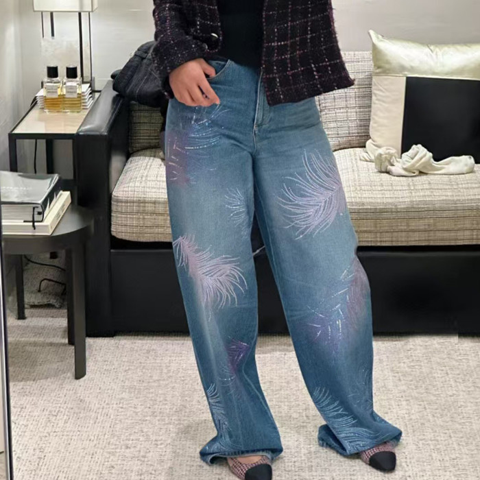 NIGO Chanel Embroidered Denim Shirt Feather Hot Diamonds Suit Set Spring Summer Gradient Colour Straight Leg Pants Loose High Waist Denim Trousers Ngvp #nigo1486