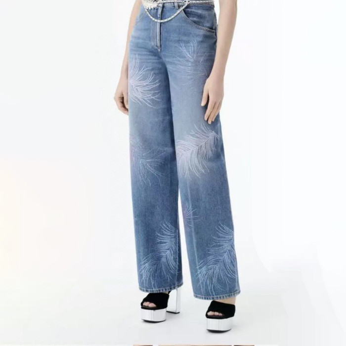 NIGO Chanel Embroidered Denim Shirt Feather Hot Diamonds Suit Set Spring Summer Gradient Colour Straight Leg Pants Loose High Waist Denim Trousers Ngvp #nigo1486