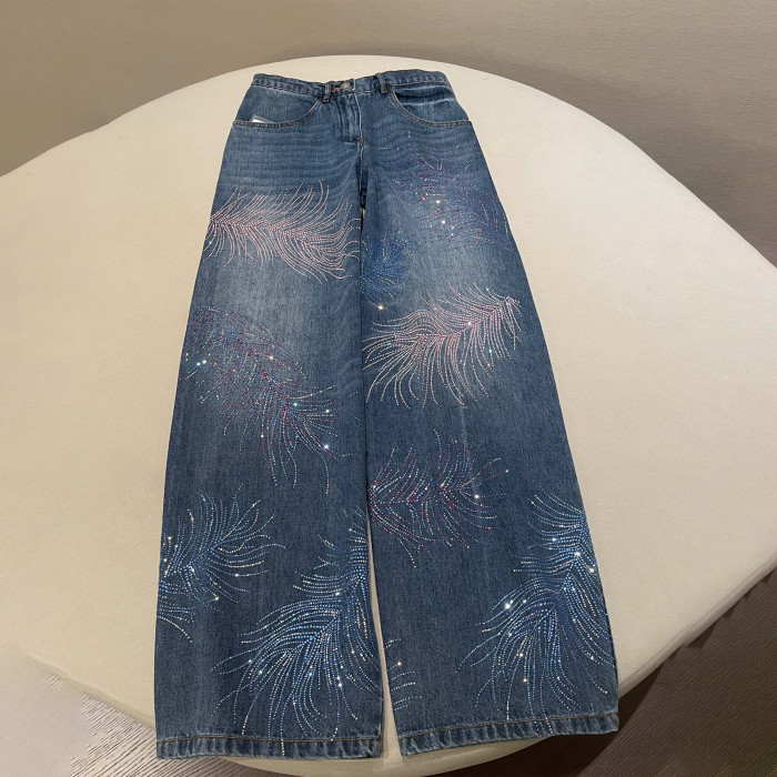 NIGO Chanel Embroidered Denim Shirt Feather Hot Diamonds Suit Set Spring Summer Gradient Colour Straight Leg Pants Loose High Waist Denim Trousers Ngvp #nigo1486