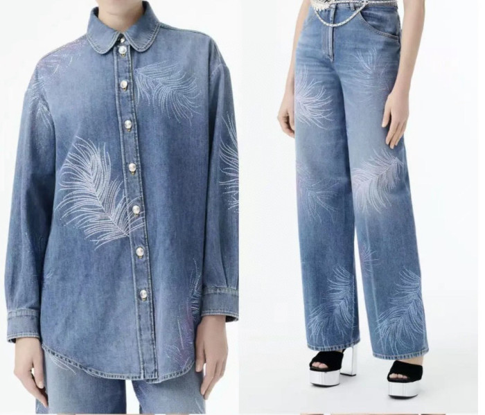 NIGO Chanel Embroidered Denim Shirt Feather Hot Diamonds Suit Set Spring Summer Gradient Colour Straight Leg Pants Loose High Waist Denim Trousers Ngvp #nigo1486