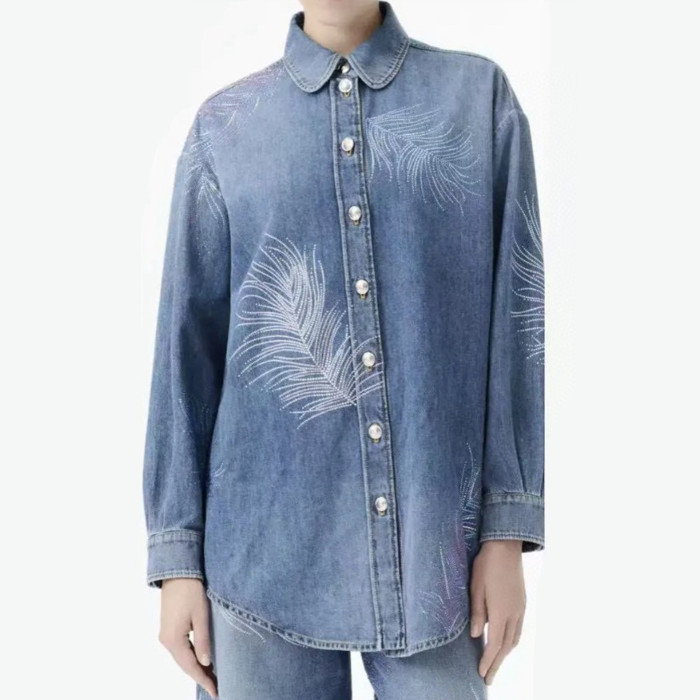NIGO Chanel Embroidered Denim Shirt Feather Hot Diamonds Suit Set Spring Summer Gradient Colour Straight Leg Pants Loose High Waist Denim Trousers Ngvp #nigo1486