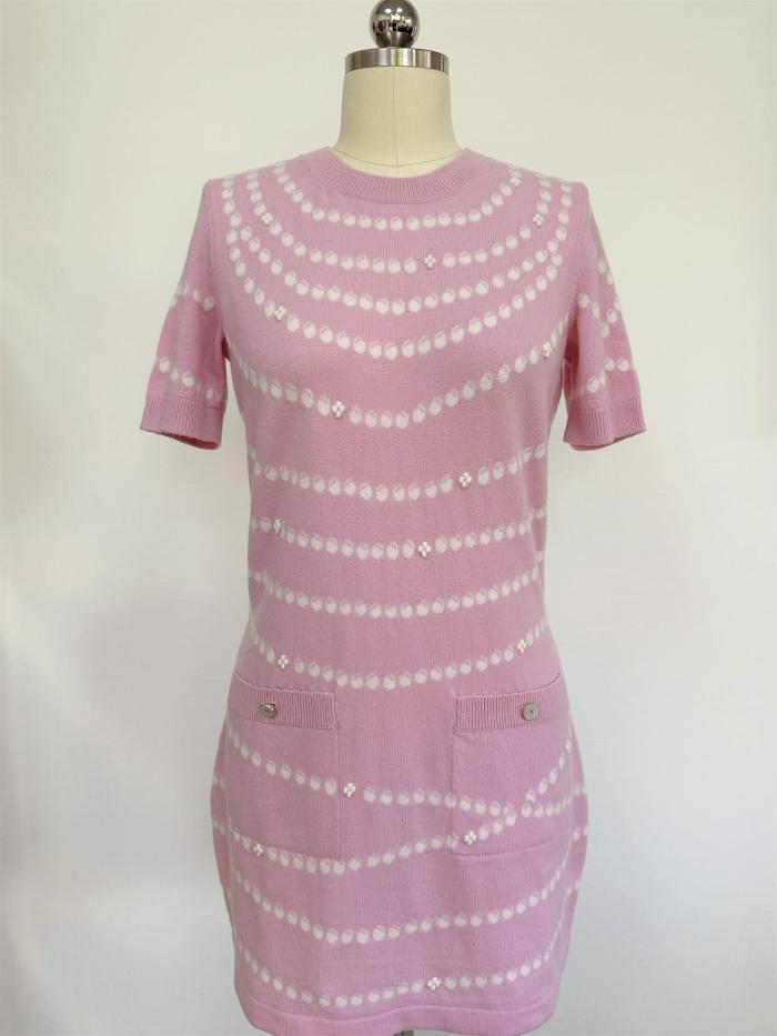 NIGO Chanel Women's Spring/Summer Solid Color Pearl Chain Printed Cashmere Short Sleeve Dresses #nigo76518
