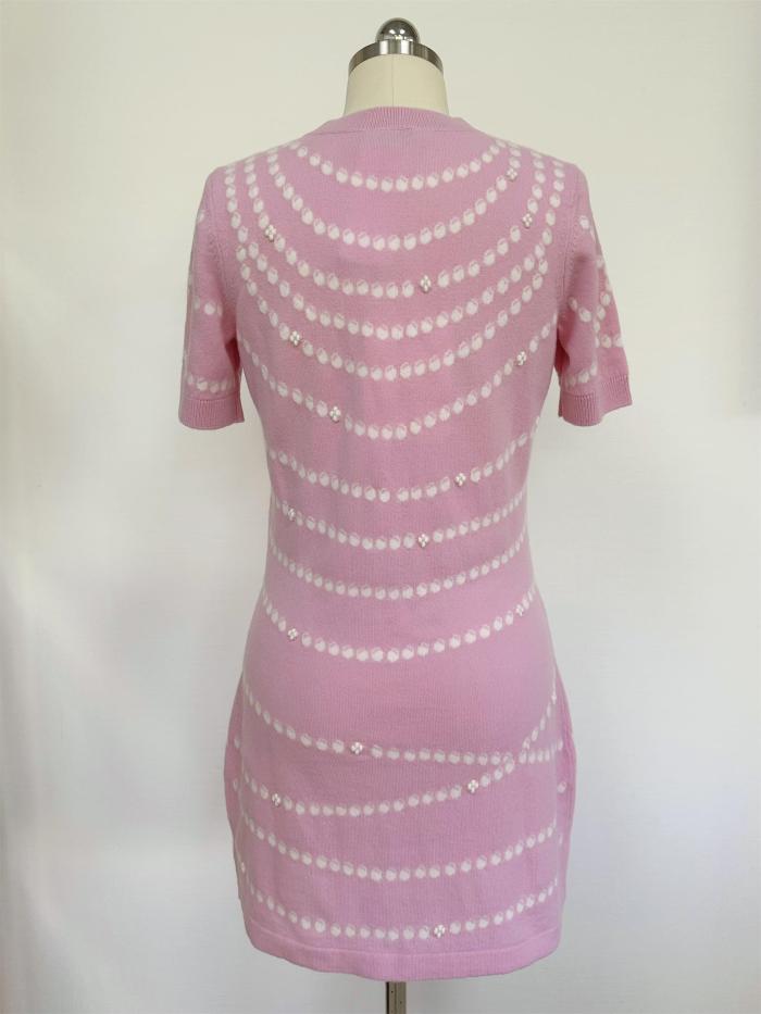 NIGO Chanel Women's Spring/Summer Solid Color Pearl Chain Printed Cashmere Short Sleeve Dresses #nigo76518