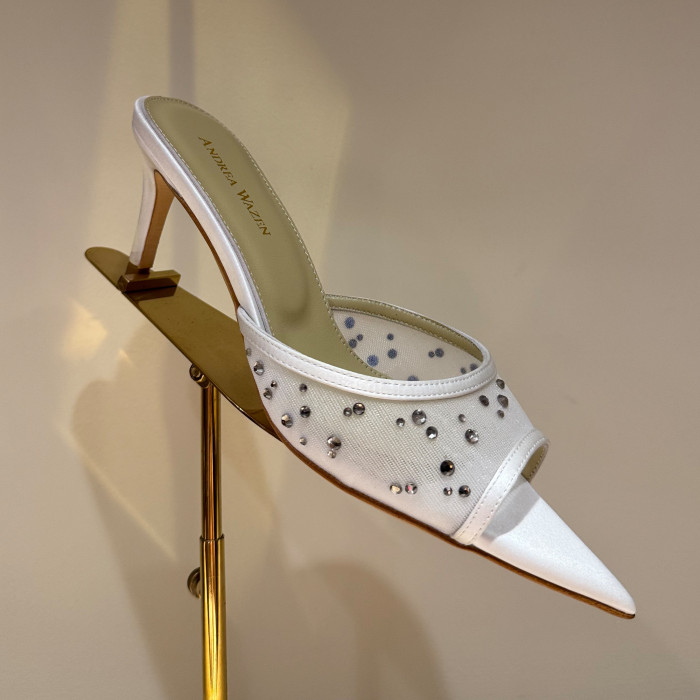 NIGO Andrea Wazen Women's Summer Rhinestone Lace Mesh High Heels Fine With Pointed Temperament Sandals Slippers Heel Height 6.5cm Ngvp #nigo1496