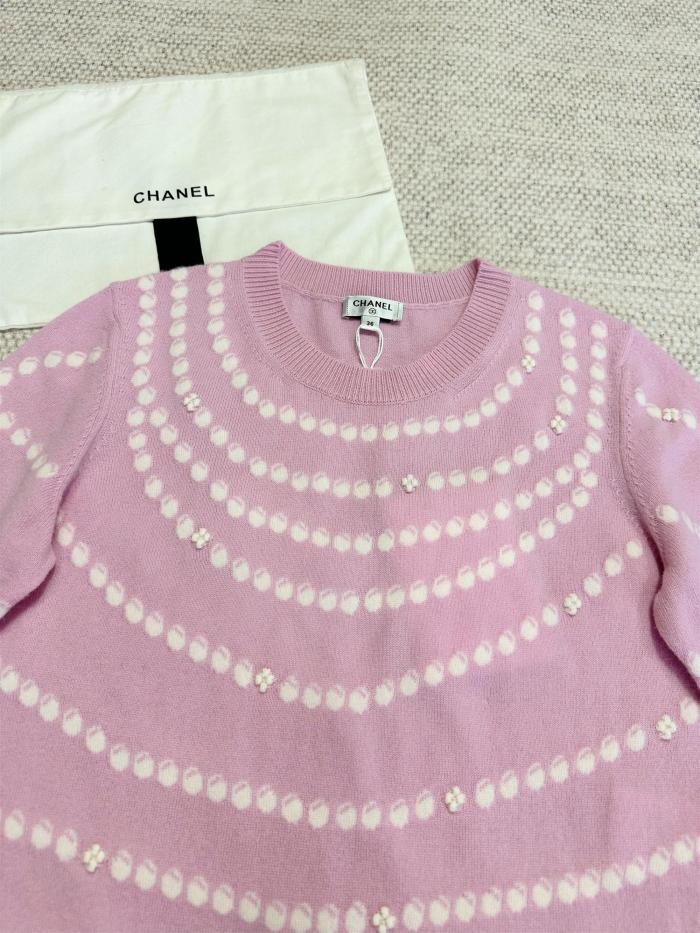 NIGO Chanel Women's Spring/Summer Solid Color Pearl Chain Printed Cashmere Short Sleeve Dresses #nigo76518