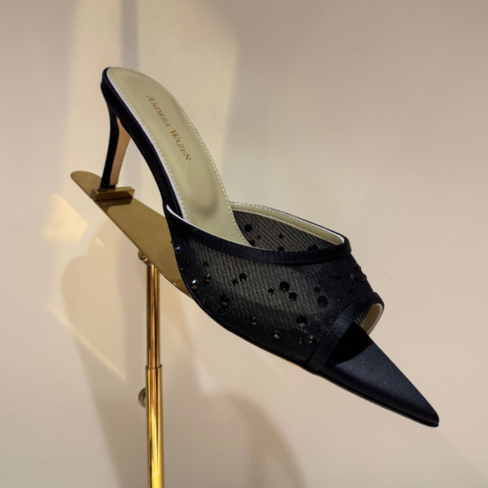 NIGO Andrea Wazen Women's Summer Rhinestone Lace Mesh High Heels Fine With Pointed Temperament Sandals Slippers Heel Height 6.5cm Ngvp #nigo1496