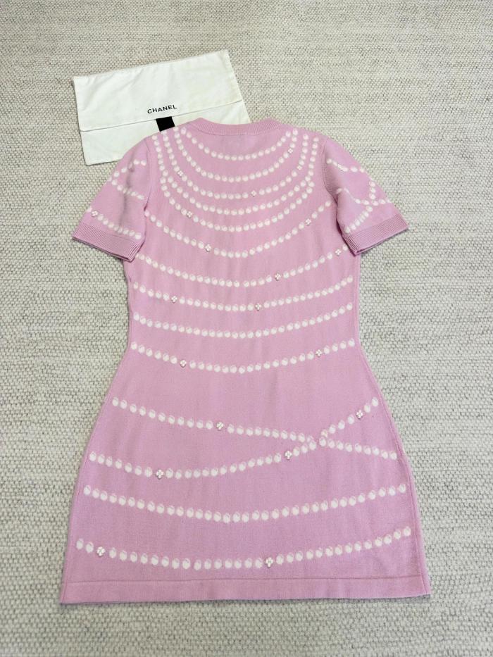 NIGO Chanel Women's Spring/Summer Solid Color Pearl Chain Printed Cashmere Short Sleeve Dresses #nigo76518