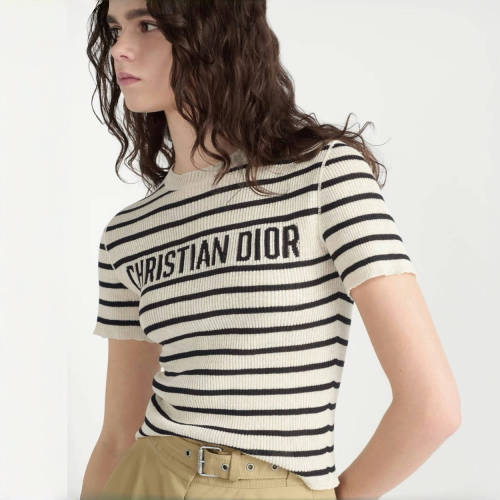 NIGO DIOR Women's Summer Black And White Striped Appliquéd Letters Knit Round Neck Short Sleeve T-shirt #nigo76543