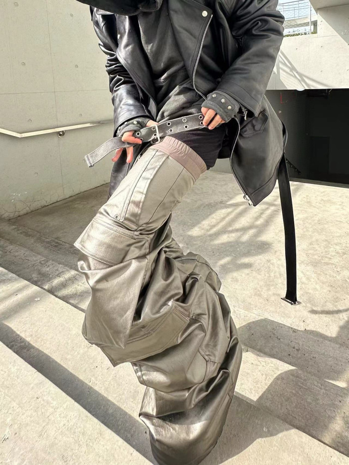 NIGO Rick Owens Men's Spliced Side Pockets Solid Color Coated Wide Leg Jeans Spring & Autumn Casual Long Pants Ngvp #nigo1518