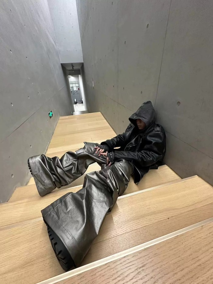 NIGO Rick Owens Men's Spliced Side Pockets Solid Color Coated Wide Leg Jeans Spring & Autumn Casual Long Pants Ngvp #nigo1518