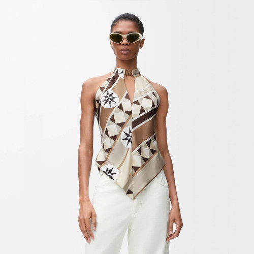 NIGO Loewe Women's Summer Silk Wrap Neck Tie Top Compass Pattern Print and Anagram Pattern Fashion Trend Sleeveless Top T-Shirt Pants Set Suit #nigo81221