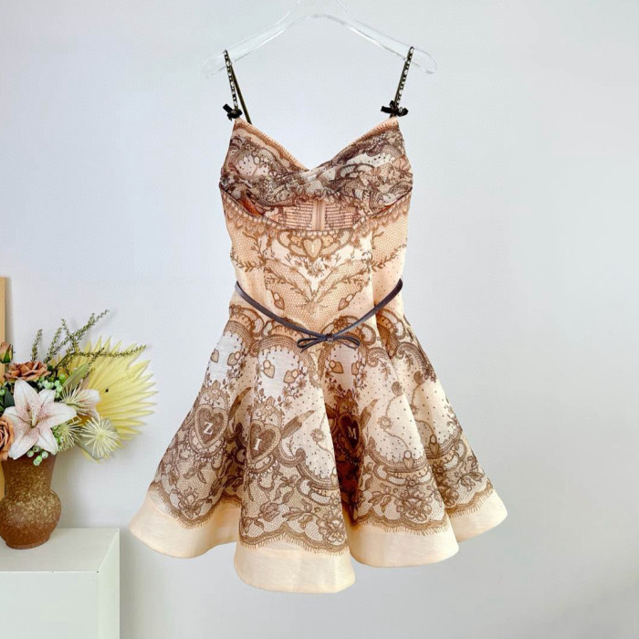 NIGO Zimmermann Women's Summer Solid Color Botanical Floral Pattern Print Short Halter Dresses #nigo76553