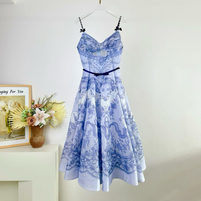 NIGO Zimmermann Women's Summer Solid Color Botanical Floral Pattern Printed Mid-Length Halter Dresses #nigo76554