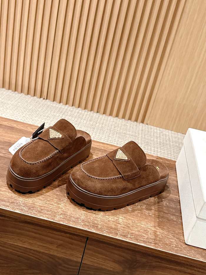 NIGO Prada Women's Spring And Summer Solid Color Suede Round Head Overfoot Leather Birkenstocks Slippers Shoes #nigo76559