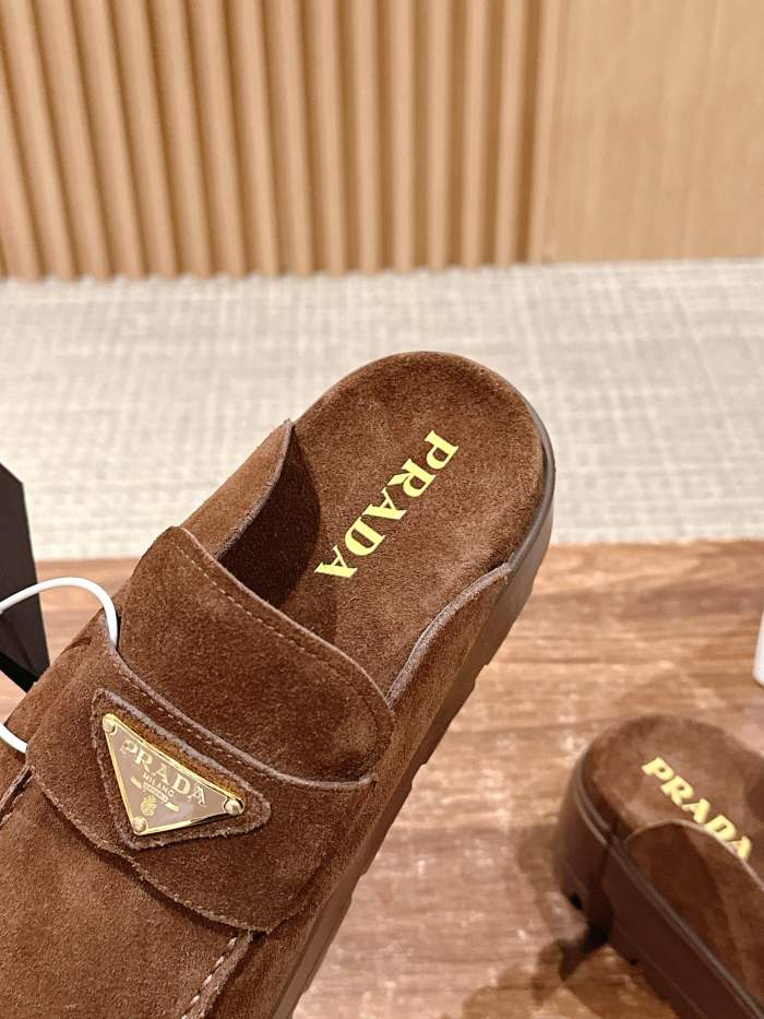 NIGO Prada Women's Spring And Summer Solid Color Suede Round Head Overfoot Leather Birkenstocks Slippers Shoes #nigo76559