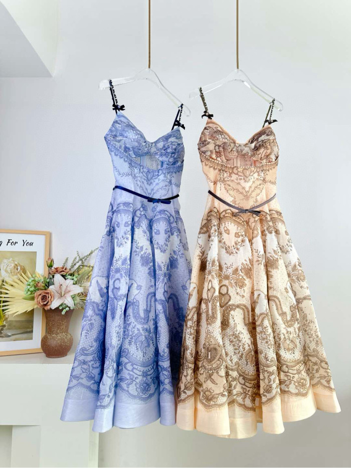 NIGO Zimmermann Women's Summer Solid Color Botanical Floral Pattern Printed Mid-Length Halter Dresses #nigo76554