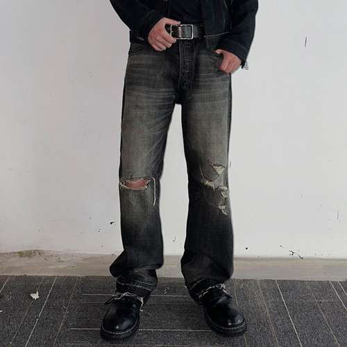 NIGO Celine Men's Spring Autumn Dark Style Knife Cut Washed Destroyed Straight Baggy Jeans Loose Denim Pants Straight Trousers  Ngvp#nigo1563