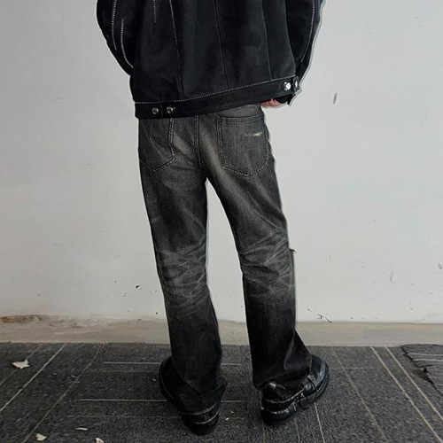 NIGO Celine Men's Spring Autumn Dark Style Knife Cut Washed Destroyed Straight Baggy Jeans Loose Denim Pants Straight Trousers  Ngvp#nigo1563