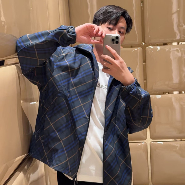 NIGO Burberry Men's Spring and Autumn Check Twill Jacket Shorts Set Equestrian Rider Logo Applique Fashion High Street Trend Hooded Jacket Drawstring Shorts Set Suit #nigo81226