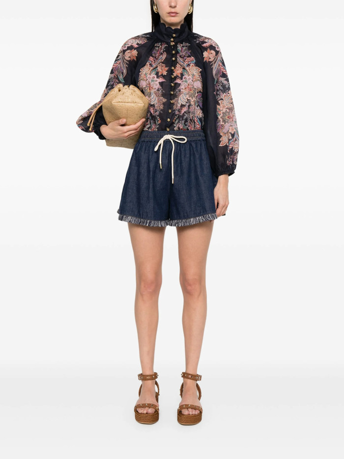 NIGO Zimmermann Women's Rhiannon Billow Blouse Summer Collar Printed Button Ramie Long Sleeve Loose Shirt Tie Casual Linen Tuck Shorts Suit Set #nigo81184