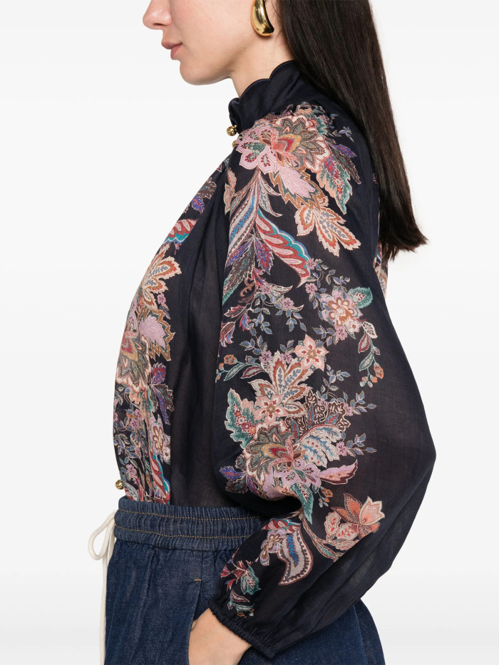 NIGO Zimmermann Women's Rhiannon Billow Blouse Summer Collar Printed Button Ramie Long Sleeve Loose Shirt Tie Casual Linen Tuck Shorts Suit Set #nigo81184