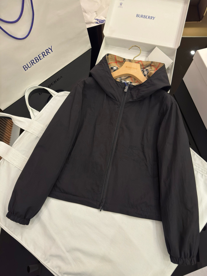 NIGO Burberry Women's Autumn Reversible Plaid Twill Jacket Equestrian Rider Logo Applique Fashion Loose Casual Trend Drawstring Hooded Jacket  #nigo81227