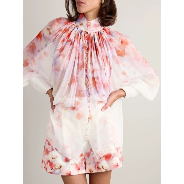 NIGO Zimmermann Women's High Neck Floral Print Long Sleeve Crush Suit Set Shirt Solid Color Summer Silk Cotton Removable Belt Zipper Closure Casual Shorts Ngvp #nigo1525