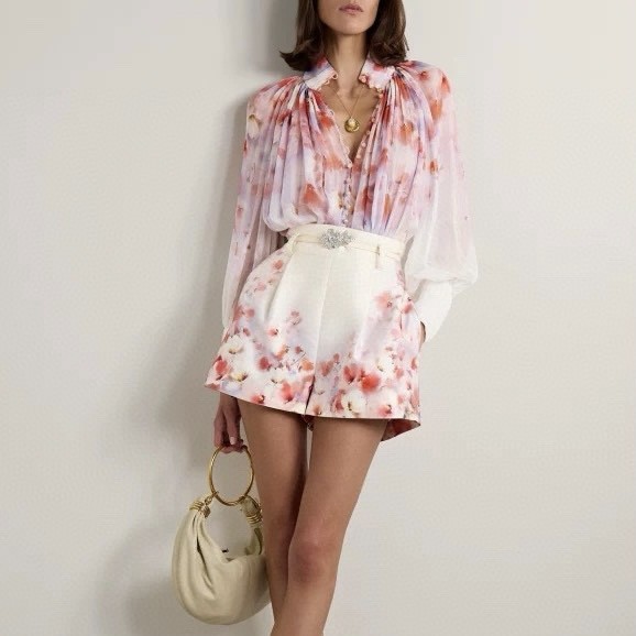 NIGO Zimmermann Women's High Neck Floral Print Long Sleeve Crush Suit Set Shirt Solid Color Summer Silk Cotton Removable Belt Zipper Closure Casual Shorts Ngvp #nigo1525