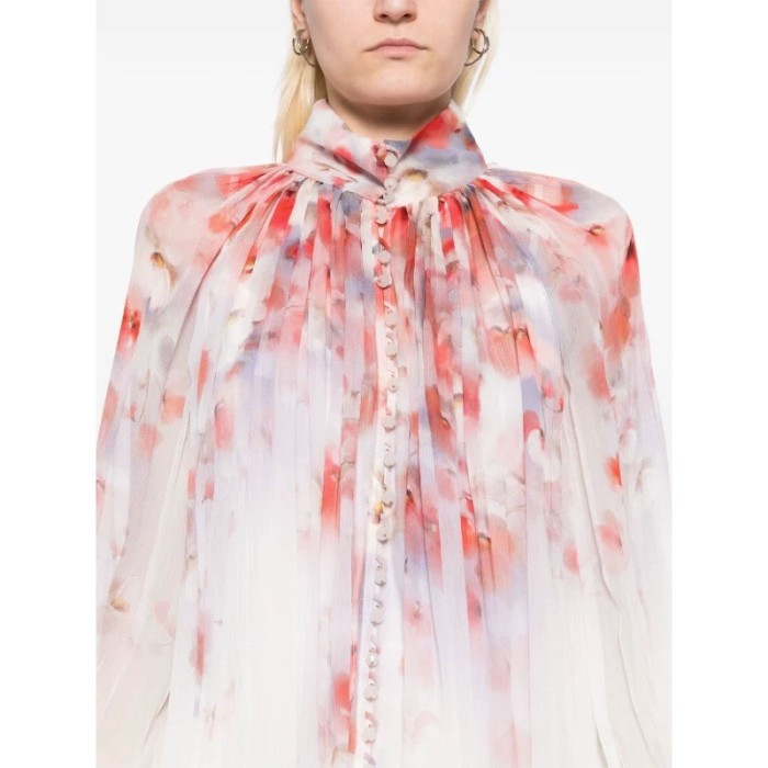 NIGO Zimmermann Women's High Neck Floral Print Long Sleeve Crush Suit Set Shirt Solid Color Summer Silk Cotton Removable Belt Zipper Closure Casual Shorts Ngvp #nigo1525