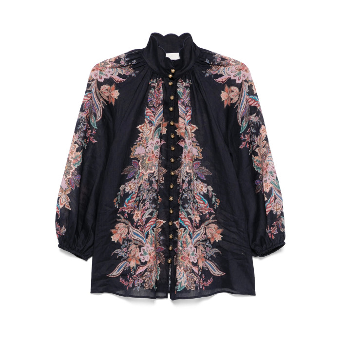 NIGO Zimmermann Women's Rhiannon Billow Blouse Summer Collar Printed Button Ramie Long Sleeve Loose Shirt Tie Casual Linen Tuck Shorts Suit Set #nigo81184