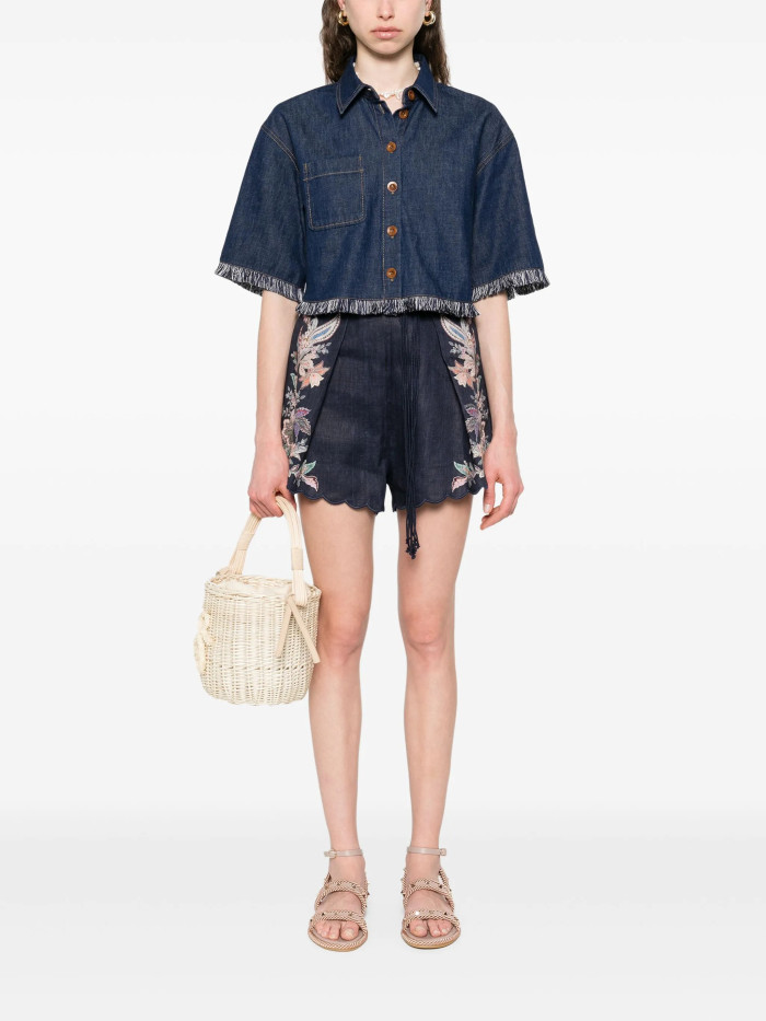 NIGO Zimmermann Women's Rhiannon Billow Blouse Summer Collar Printed Button Ramie Long Sleeve Loose Shirt Tie Casual Linen Tuck Shorts Suit Set #nigo81184