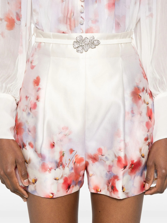 NIGO Zimmermann Women's High Neck Floral Print Long Sleeve Crush Suit Set Shirt Solid Color Summer Silk Cotton Removable Belt Zipper Closure Casual Shorts Ngvp #nigo1525