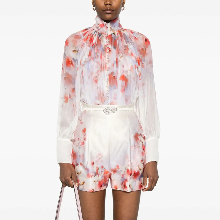 NIGO Zimmermann Women's High Neck Floral Print Long Sleeve Crush Suit Set Shirt Solid Color Summer Silk Cotton Removable Belt Zipper Closure Casual Shorts Ngvp #nigo1525