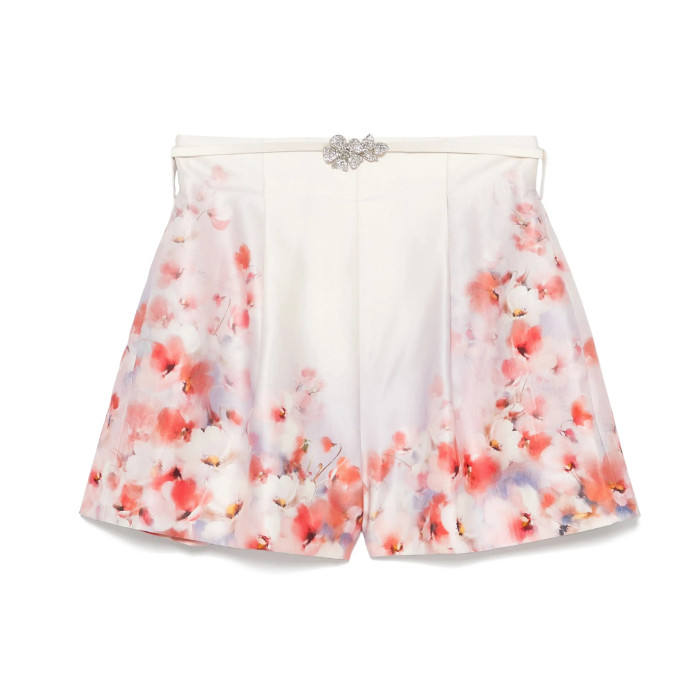 NIGO Zimmermann Women's High Neck Floral Print Long Sleeve Crush Suit Set Shirt Solid Color Summer Silk Cotton Removable Belt Zipper Closure Casual Shorts Ngvp #nigo1525