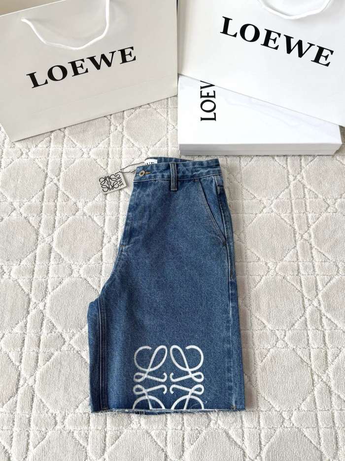 NIGO Loewe Women's Summer Blue Logo Label Straight Button Down Denim Shorts #nigo76583