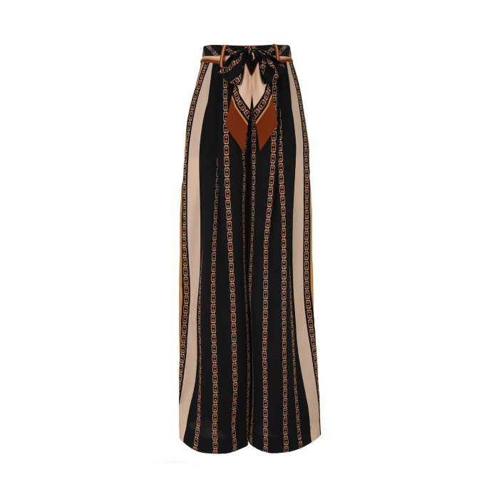 NIGO Zimmermann Women's Summer Bow Tie Neckline Chain Print Single Breasted Long Sleeved Shirt Casual Wide Leg Pants Suit Set #nigo76595