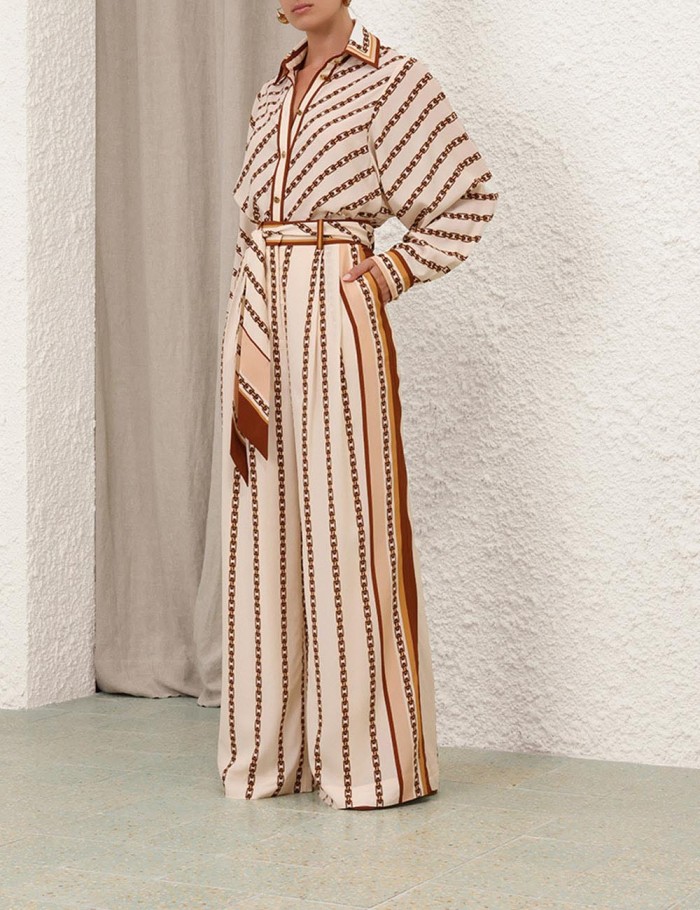 NIGO Zimmermann Women's Summer Bow Tie Neckline Chain Print Single Breasted Long Sleeved Shirt Casual Wide Leg Pants Suit Set #nigo76595
