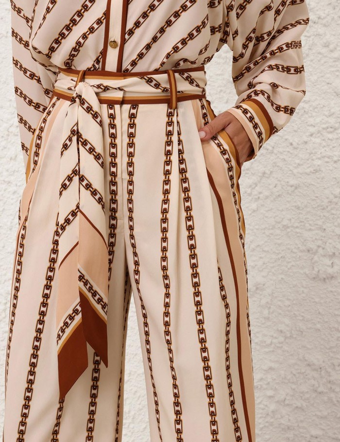 NIGO Zimmermann Women's Summer Bow Tie Neckline Chain Print Single Breasted Long Sleeved Shirt Casual Wide Leg Pants Suit Set #nigo76595