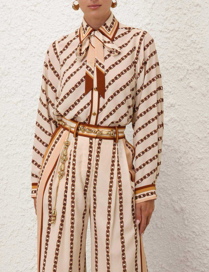 NIGO Zimmermann Women's Summer Bow Tie Neckline Chain Print Single Breasted Long Sleeved Shirt Casual Wide Leg Pants Suit Set #nigo76595