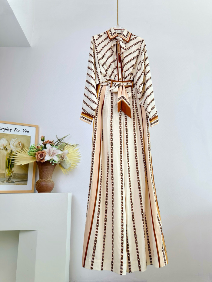 NIGO Zimmermann Women's Summer Bow Tie Neckline Chain Print Single Breasted Long Sleeved Shirt Casual Wide Leg Pants Suit Set #nigo76595