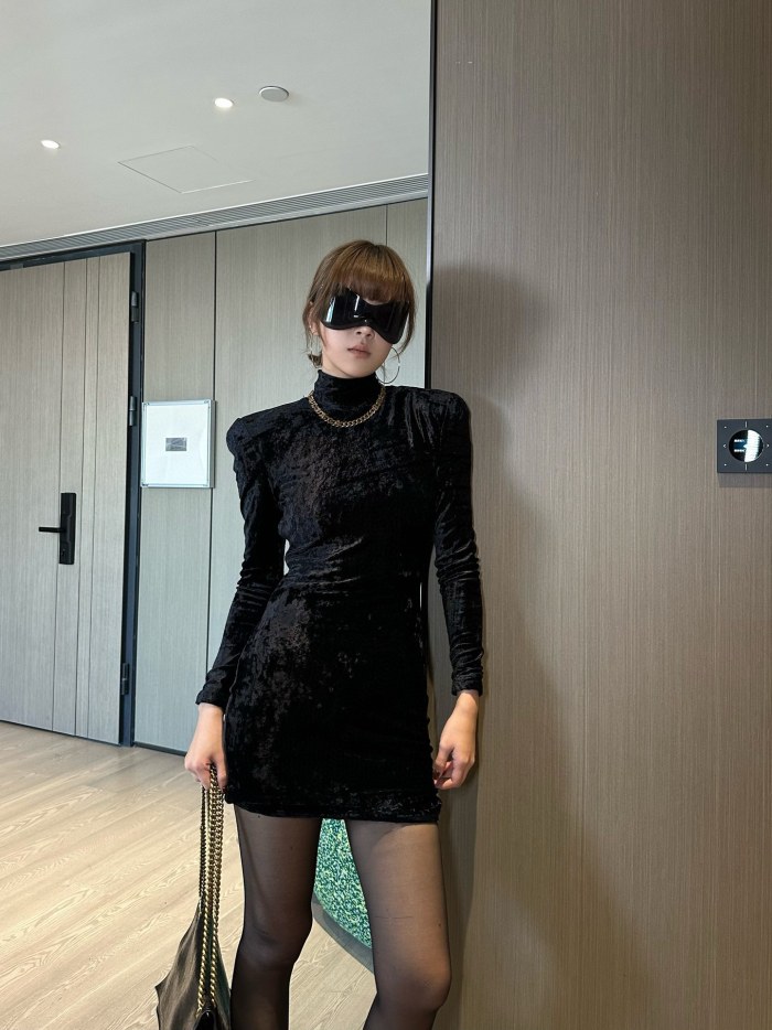 NIGO Balenciaga Women's Spring Summer Autumn Straight Solid Color Velvet High Padded Shoulder Slim Long Sleeve Dresses #nigo81186