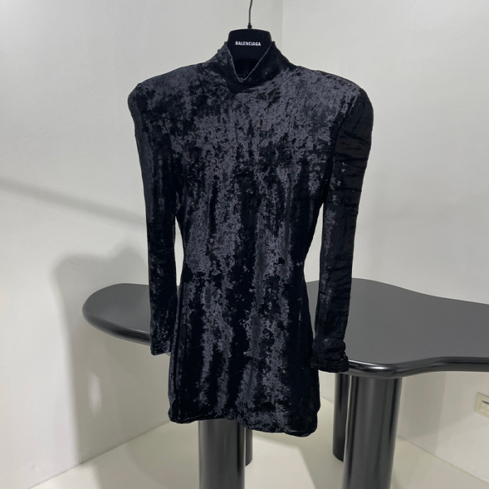 NIGO Balenciaga Women's Spring Summer Autumn Straight Solid Color Velvet High Padded Shoulder Slim Long Sleeve Dresses #nigo81186