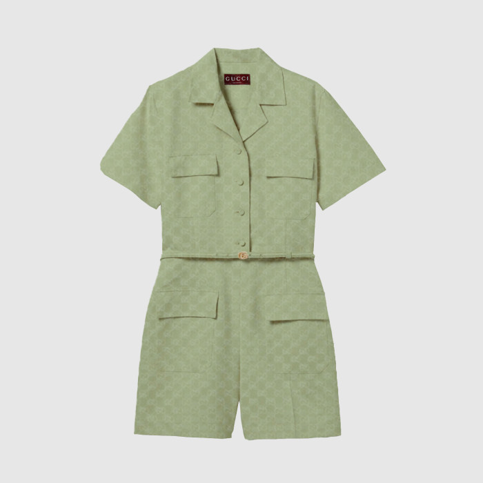 NIGO Gucci Women's Spring And Summer Letter Print Solid Colour Drawstring Waist Short Sleeved Single Breasted Jumpsuit #nigo76663