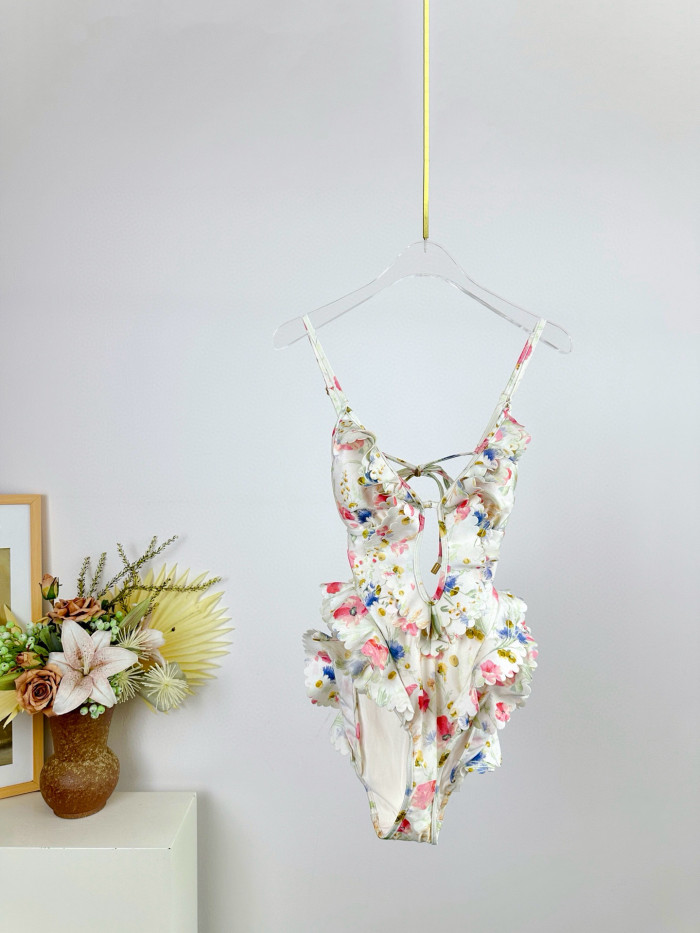 NIGO Zimmermann Women's Summer Floral Printed Ruffle Backless One-piece Swimsuit #nigo76667