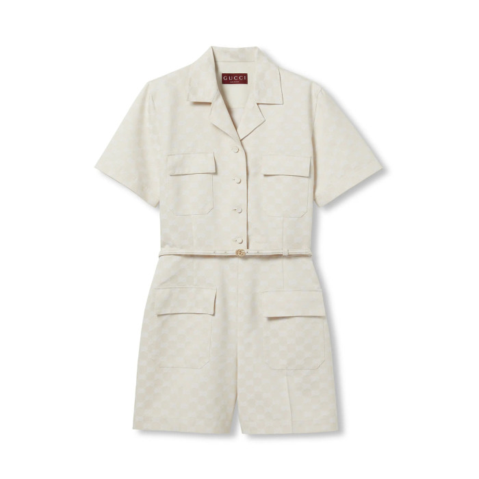 NIGO Gucci Women's Spring And Summer Letter Print Solid Colour Drawstring Waist Short Sleeved Single Breasted Jumpsuit #nigo76663