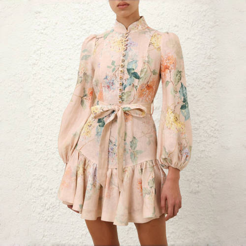 NIGO Zimmermann Women's Summer Floral Print Drawstring Mini Ruched Skirt Long Sleeve Dresses #nigo76668